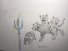 Image of an open book with illegible writing. Superimposed over the book are drawings of (left to right) a trident and lightning bolt, a hoplite's helmet, and a three-headed Cerberus.