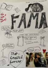 A page drawn in the style of a comics splash page. At the top is the legend "July 2024- This week's zine issue: Forbidden love." "FAMA" is written in bold letters across the top right third of the page. Several vignettes fill the page of people gossiping about Romeo and Juliet. At the bottom right is a screenshot from Baz Luhrman's Romeo + Juliet (1996). To the left of the screenshot is an ink-drawn heart with an arrow through it. Written in the hear is "star-crossed lovers." 