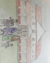 Drawing of a family standing in front of a two-story colonnaded villa. The father stands center-front on a path leading up to the villa's entrance. He wears a purple toga and his head is covered. Next to him (far left) stands his son and (center-left) daughter. To the right of him stands his wife (center-right) in a green gown; she also has her head covered by a red palla. She holds the hand of another young child (far right).
