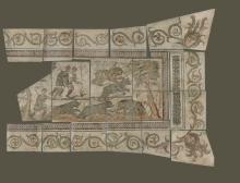 The figures of three hunters are preserved, and one of them has his name, Lucius, inscribed above his head. The arm of another hunter is preserved along the left edge, along with his name, Minus. The hunters are driving four bears into a net; a fifth has already been captured. The net is set in a semi-circle and tied to trees at the right and left edges of the scene. 