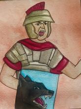 Color drawing of a soldier wearing a helmet and suit of lorica segmentata armor over a red tunic. He carries a shield painted with a snarling wolf head on a blue background. The soldier's mouth is open in a shout.