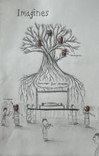 Pencil sketch of  a tree with branches twisting out from the trunk and a sprawling root system. The tree branches are decorated with pictures of masks. Written among the roots is "Remember your ancestors." In the foreground, in front of the roots, is a funeral procession with the deceased carried on a bier past a crowd of mourners, two of whom are labeled "imagines" and wear masks. A  flute player walks alongside the bier. A single mourner stands in the bottom right corner with tears on his face.