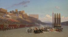 huge crowd watches 6 four-horse teams careen around the turning post in the Circus Maximus