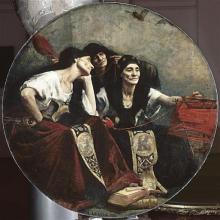 The Fates (left) are seated next to a yarn winding frame (right). Nona (Greek Clotho, background left) holds a distaff with wool in her right hand and appears to be spinning thread with her right. Seated in front of her (foreground center) Decima (Greek Lachesis) winds the spun thread on a yarn winding frame. Morta (Greek Atropos, foreground left) watches cupping her chin in her left hand. In her right hand she holds her scissors in her lap.