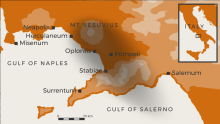 sketch map of Bay of Naples area indicating ash fall areas