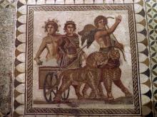 Mosaic of Dionysus (Roman Bacchus) standing in a chariot drawn by two tigers. Dionysus is dressed in a long chiton, with a cloak of what looks like fawn skin draped over his left arm and shoulder. He holds the reins in his left hand and a thyrsus in his right. Behind him is a nude young man, perhaps Ampelos. They are both crowned with grapevines. Pictured behind the tigers walking beside the chariot is a third figure, possibly a satyr, wearing a fawn's skin and carrying a shepherd's crook in his left hand. 