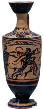 A bearded Acateon flees right, looking back over his shoulder at Artemis. He is nude and being attacked by a pack of 7 dogs. Artemis, partially out of frame on the left, is gesturing toward Acateon with both arm outstretched. She is dressed in a peplos and a cap with her hair loose down her back.