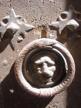 a door knocker with an ouroboros around a lion's head