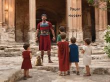 Image of a man standing in front of a colonnade. A sack stamped with a dollar sign sits at his feet. Four children of various ages stand at bottom right facing him, with their backs to the viewer. The words "pater noster" are placed above their heads. A fifth child stands bottom left.
