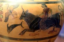 Europa riding the bull, in profile facing left. Europa wears a long chiton and her hair is loose down her back. Two fish swim under the bull's hooves. A dolphin dives down in front of the bull, while a bird flies overhead.