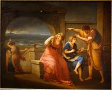 painting of a worried woman looking over her shoulder at an ominous landscape as her young son pores over a book and an adult male points as if to say "WTF"
