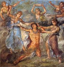 Pentheus half-kneeling (center) is held by two maenads. The left maenad grabs his hair raising a thyrsus in her right hand. The second maenad (right) holds Pentheus by his left arm. Behind Pentheus a third maenad raises a rock above her head preparing to strike him. Two more maenads appear in the upper right and left hand corners.