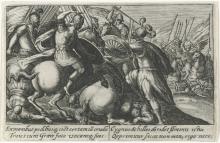A battlefield. In the foreground a group of horsemen are attacking a man on foot. Under their feet are the bodies of two more men and that of a horse in the process of falling. The men are dressed in long tunics with cuirasses and helmets. In the background, two men on horses fight. The one on the right is winged. The tops of spears and standards can be seen in the far back.