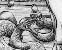 drawing of snake about to bit a man's leg