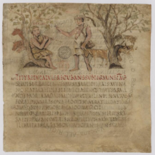 manuscript page with text on bottom and illustration of two shepherds meeting at the top