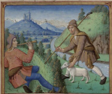 drawing of two shepherds meeting, one with a lamb