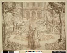 Ulysses (Odysseus), dressed in full armor with helmet, walks with King Alcinous. They stand in the center foreground on the walking path of a planned garden, trees on either side of them. In the middle ground courtiers stroll the gardens, including the princess and her attendants. Greenhouses or outbuildings line the left and right margins of the garden and in the far background steps leads up to the terrace of Alcinous's palace, drawn to resemble a Renaissance villa. 