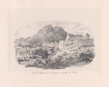 print drawing of a palace above a leafy landscape