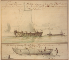 17th century drawing of an Irish ocean-going currach or skin boat