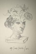 Pencil line drawing of a bust of a woman. A thought cloud emerges from her head showing a flower, a spiral, a bird, and some leaves. Below her is written ego/meī/mihi/mē.