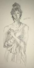 Pencil drawing of a young woman wearing classical greek-style draped garment. Her hair is pulled up on top of her head and held in place with a ribbon with a few ringlets loose framing her face. Her arms are crossed over her chest, fingertips resting on her clavicles. Gratias is written next to her.