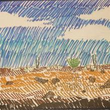 Ink and marker drawing of a cross-sectioned landscape. The sky is bright blue with puffy white clouds. The cross section of the ground reveals four layers of earth: the top layer is a reddish-brown with some sparse vegetation, the second layer is an orange-tan, the third is a light tan, and the fourth is dark brown. The roots of one bush penetrate down to the third layer. A few rocks are scattered throughout the second and third layers.