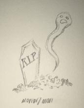Pencil drawing of a grave and headstone reading R.I.P. A ghostly form is rising from the grave. Beneath the image are the words morior/mori.