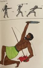 Ink and marker drawing in two registers. The top register covers one-third of the page and features three silhouettes illustrating a spear being thrown: (1) preparation with spear and right arm drawn back, (2) mid throw, stepping forward, spear overhead, (3) release, right arm outstretched. The bottom register, features dark-skinned, bearded man wearing a green skirt, holding a sword aloft in his right hand. He is collapsing backward, the spear having pierced his stomach. Blood pools beneath him.