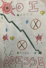 Colored pencil drawing with "odi" written across the top. The "o" in "odi" is depicted by a splattered red tomato. "Odisse" is written in red-outline letters at bottom. In the middle of the image are two more splattered tomatoes, two yellow thumbs down symbols, two one-star rating images, two encircled red "x" symbols, and a large green graph arrow plummeting downward.