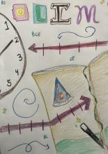 Colored pencil drawing, of the back cover of an open book is in the bottom right. It's illustrated with a pointed wizards hat. A black magician's wand is laid across it; a green ribbon book mark dangles from the spine. A red timeline pointing to the right runs across the book cover from the left of the page. Another timeline is drawn above the book pointing left. Half a clock is visible at the left of the page. The abbreviations "AD," "BCE," "CE," and "BC" are visible on the page. "Olim" is written at top.