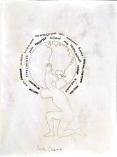 Multimedia image of a kneeling man, head bent forward, holding a globe on his back. Encircling the globe in two rings are words cut out from paper: competition, anxiety, comparison, perfection, have to be normal, note enough time, tests, meritocracy, be pointy, win all the time, social media, be the best, expectations, grades, politics, isolated, shiny, never enough, college, be well rounded. Below are written the words “onus, oneris."