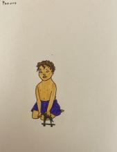 Pen and marker drawing of a light-skinned young child with curly brown hair, bare-chested, wearing a purple skirt. They kneel facing forward and play with a small toy horse. The horse is mounted on a small wheeled base. The word "parvus" is written in the upper left-hand corner.