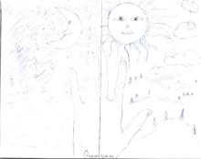 Ink drawing day and night scene. On the right side is a hilly landscape with evergreen-like trees under a partly cloudy sky with a smiling sun. On the left hand side is a night scene of open water. Several stars and a smiling crescent moon. In the foreground, spanning the dividing line between the scenes is a the back of lefthand with manicured fingernails. 