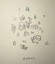 Pencil drawing of a scattering of torn pieces of paper.