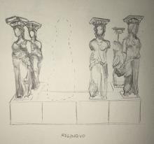 Pencil drawing of several columns in the shape of women dressed in ancient Greek chitons and standing on a plinth. One column is missing, its outline denoted by a dotted line.