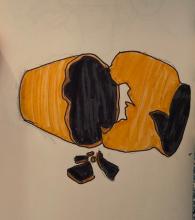 Pen and marker drawing of a terracotta-colored vase lying on its side broken into pieces. Five small pieces of varying sizes from the body of the vase are grouped together in foreground. The base and rim of the vase lay behind them broken into two large pieces.