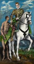 St. Martin is on horseback and armored, facing toward the viewer. In his right hand he holds his sword, which he has used to slice off a portion of his cloak off. He is giving the cut off portion of the cloak to a naked beggar who stands at Martin's right hand, also facing the viewer. The beggar has a bandage wrapped around his lower right calf and the cut portion of the cloak drapes across his hips.
