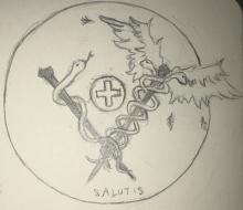 Pencil drawing of a large circle inside of which is a caduceus (a staff with two serpents entwined around it and wings near the top) and a rod of Asclepius (a staff with a single serpent wrapped around it). The staves are crossed at the bottom forming a V pattern. Inside the V is another small circle holding a small medical cross. Below the staves inside the large circle is the word “salutis." 