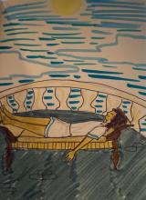 Pen and marker drawing of a light-skinned person with curly brown hair lying on a bench on a balcony. The sun shines in a blue sky with a few wispy clouds. The person wears a short-sleeve white tunic or chiton with blue bands of decoration at the hem and sleeves. Their eyes are closed and they have a small smile on their face. Their head and feet rest on the flared arms of the bench.