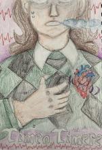 Colored pencil drawing of a person with long brown hair, wearing a sweater with a green and black diamond pattern over a white collared shirt. The person's face is only visible to the bottom of the eyes. They are clutching at their chest with their right hand, sweating and breathing heavily. A heart is drawn on top of their chest in red and blue; curved lines radiating from it denote it beating. Spiky lines are drawn behind their head and at bottom. The words "timeo, timere" are written at bottom.