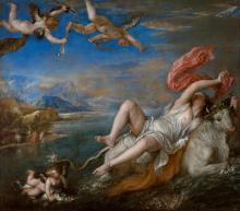 Jupiter (right), in the form of a bull, swims across the ocean with Europa on his back. She holds onto his left horn with her left hand and looks back over her right shoulder toward the shore, waving a red veil with her right hand. A cupid (left) follows after them on a dolphin. Two additional cupids fly overhead.