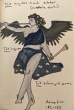 Pen and marker drawing of the personified Fama (Rumor). Her skin is light gray and her wings and hair dark gray. Her clothes are also dark gray with folds outlined in dark blue. She is barefoot with small wings at her ankles. The underside of her skirt is visible, upon which several eyes can be seen. More eyes are visible in her hair. She holds a straight trumpet in both hands; the trumpet in her right hand raised to her lips , the trumpet in her left is held partially behind her. Aeneid 4.182–83 is quoted.