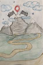 Colored pencil image a landscape. Three snow-covered mountains are in the background, the center slightly taller. Puffy clouds and a few snowflakes are in the sky. A dirt road winds through a green field in the foreground and up the center mountain. Two large black and white checkered flags are drawn behind the mountain on either side and a red location marker hand over the peak. The word "ultimus" is written above.