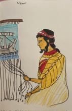 Pen and marker drawing of a woman sitting in front of a vertical loom. She appears to be dressed in a yellow Ionic chiton held together with pins or buttons down the shoulders and arms. Her hair is gathered back along her neck by a red and white ribbon. She holds some of the warp threads of the weaving in her right hand. An image of a ship on the ocean with sail furled can be seen in the completed portion of the weaving. "Uxor" is written in the upper left of the image.