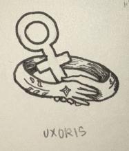 Ink drawing of a wedding band. The band features two hands clasping each other. Inside the ring is drawn the gender symbol for female. At the bottom is the word “uxoris."