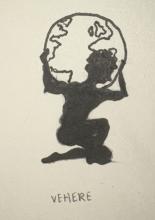 Ink drawing of a man kneeling on his left knee his right foot is planted with knee bent at a right angle. His arms are raised and balancing a globe on his shoulders.