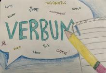 Colored pencil drawing of a cartoon word bubble. In the middle is the latin word "verbum" in green surrounded by several more English, French, German, Ancient Greek, Latin, and other words written in pencil and outlined in yellow, blue, green, and pink. On the right edge of the image, slightly overlapping the bubble are drawn a page of lined paper and a yellow pencil with pink eraser.