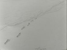Pencil drawing of a beach scene. A line of footprints stretches diagonally from the lower left foreground into the surf in the middle distance, becoming progressively smaller. At the bottom of the page just off center is the word “vestigium."